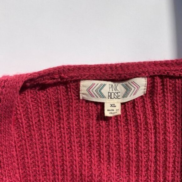 Long Sleeve Cable Knit Fuchsia Pink Wrap V Neck Sweater Ribbed Hems Women's XL - Picture 4 of 14
